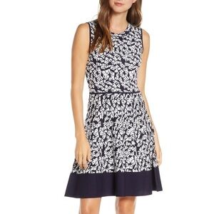 NEW Eliza J Navy White  Fit Flare Sweater Dress Size Small